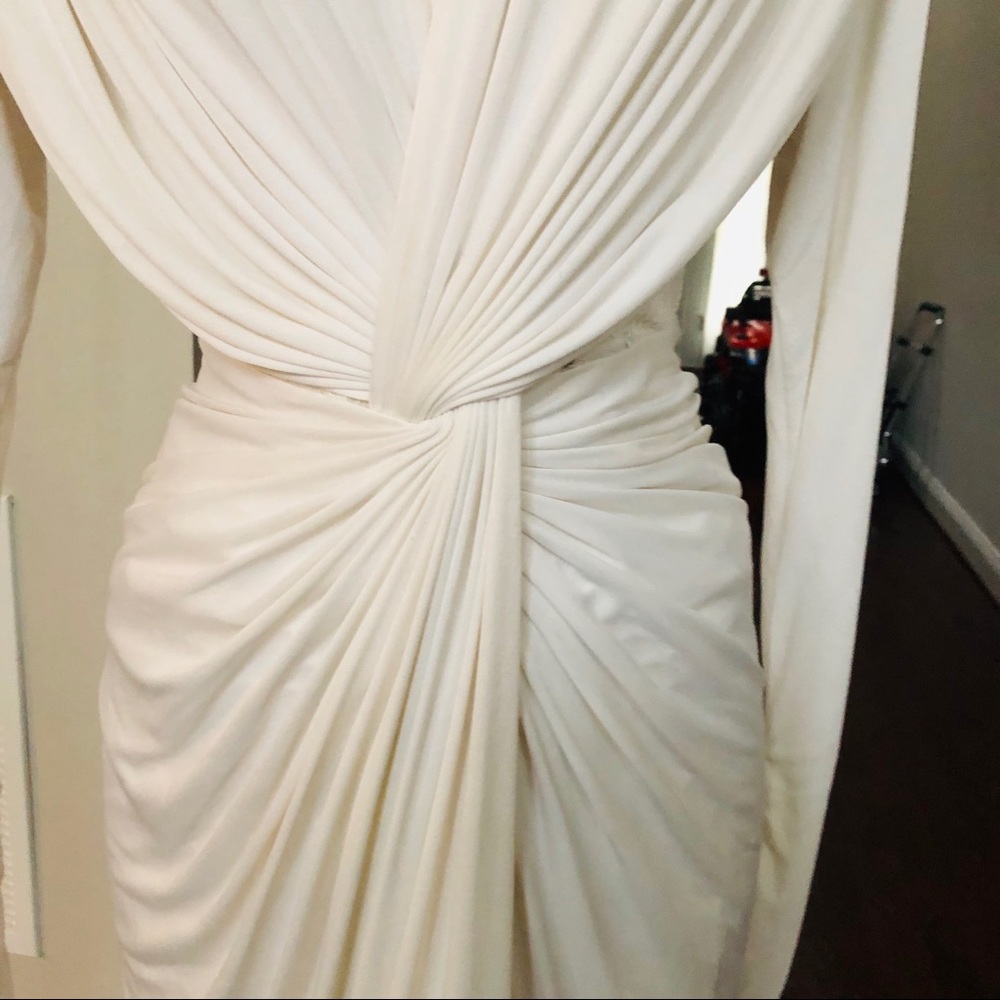 Vintage Ivory Embellished Ruched Front Knotted Grecian Tadashi Dress